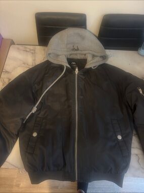 Zara Men’s Black Bomber Jacket with Gray Hood - Size M